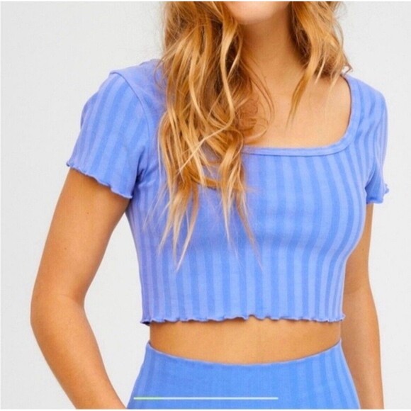 Aerie OFFLINE Small OG Groove Crop Top Blue Short Sleeve Lettuce Trim Ribbed NWT - Picture 2 of 12